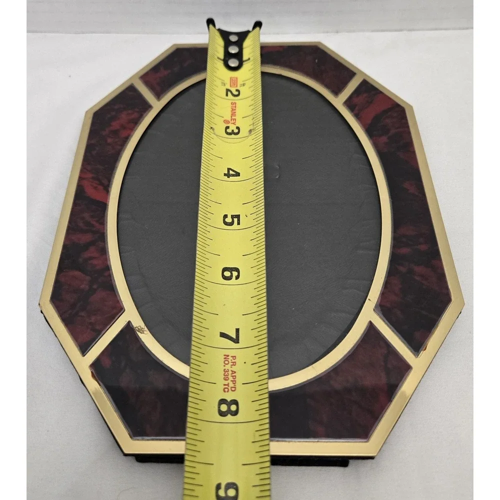 MCM Vintage Brass & Red Faux Tortoise Octagon Tabletop Frame Oval Glass Window